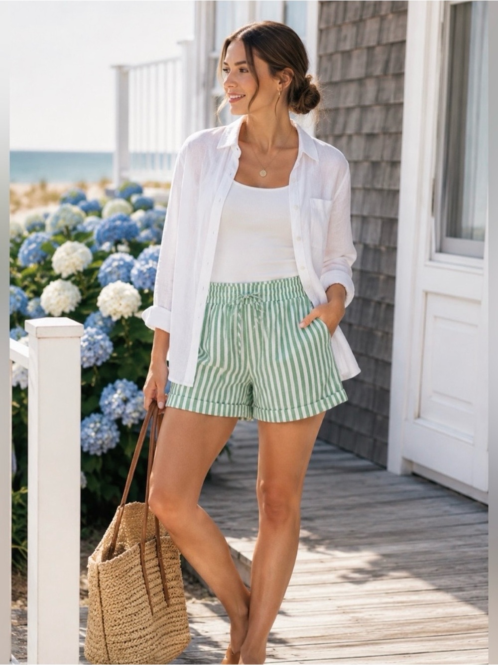Universal Thread Green and White Striped Drawstring Shorts